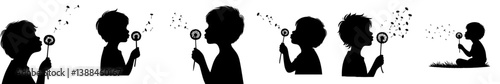 vector set Silhouette of a child blowing dandelion seeds