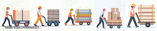 vector set of workers pushing carts full of materials