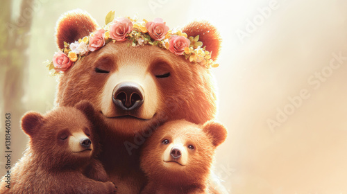 Cute bear with her cubs wearing flower crowns smiles and winks for Mother's Day celebration in a peaceful forest setting