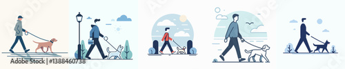 vector set of man walking with dog