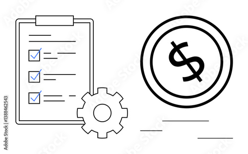 Completed checklist, gear, and dollar coin symbolizing task management, efficiency, and financial success. Ideal for planning, strategy, productivity workflow finance goals and innovation. Flat