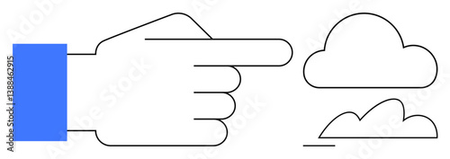 Outlined hand with blue sleeve pointing right toward minimalist cloud shapes, signifying focus, decision, or cloud technology. Ideal for technology, innovation, guidance, connectivity, navigation