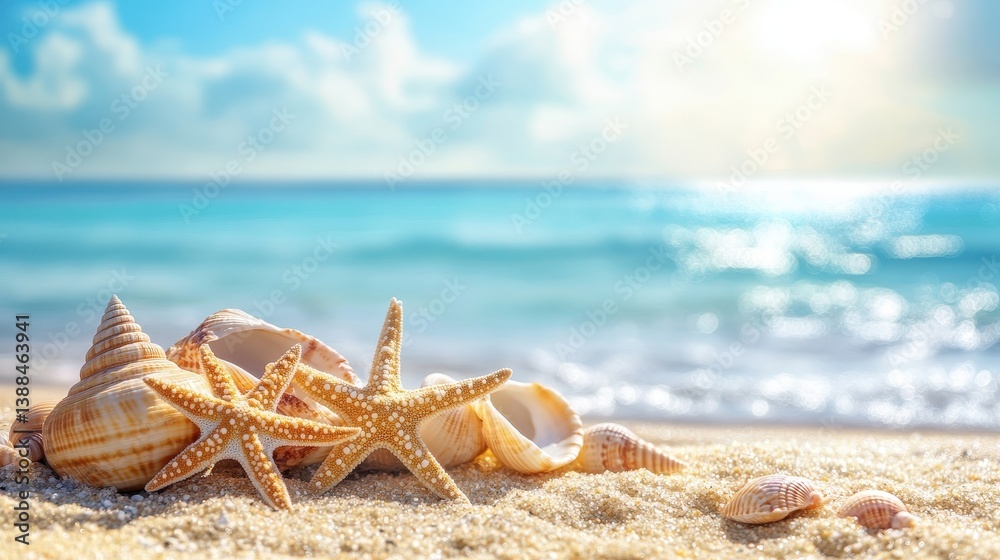 Starfish and seashells lie on golden sand by a bright blue ocean. Perfect for evoking summer vacation and beach travel themes. Starfish and seashells lie on golden sand by a bright blue ocean. Perfect for evoking summer vacation and beach travel themes.