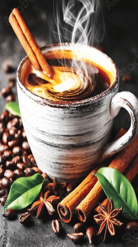 Aromatic Hot Coffee Beverage in Rustic Cup Garnished with Cinnamon Sticks Star Anise Fresh Green Leaves and Roasted Coffee Beans Gourmet Beverage Photography Image photo