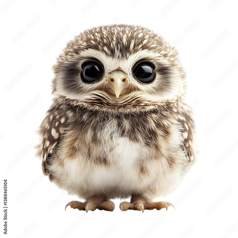 Naklejka premium Adorable Baby Owl with Fluffy Feathers and Big Eyes Isolated on Transparent Background