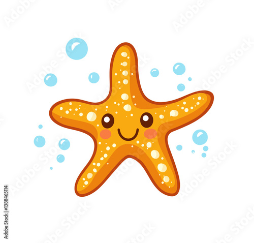 A cheerful underwater scene features cute orange starfish with smiling faces, surrounded by bubbles, all illustrated in a modern and playful flat art style
