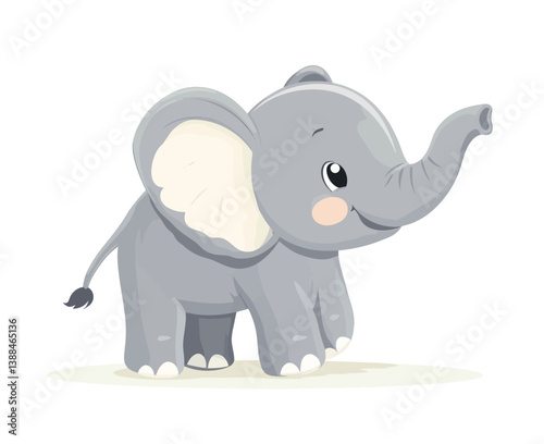 A grey elephant with a cheerful demeanor is depicted standing in a playful pose within a modern art piece characterized by flat visuals and minimalist styling, conveying a friendly demeanor through