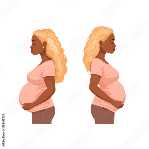 A pregnant woman is depicted in profile, characterized by curly hair, set against a minimalist backdrop of modern flat art