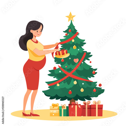 A pregnant woman is shown decorating a Christmas tree in a flat, modern art style, with gifts situated below it