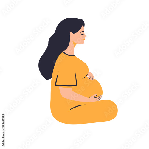 A pregnant woman is depicted sitting serenely in a minimalist flat design piece of modern art