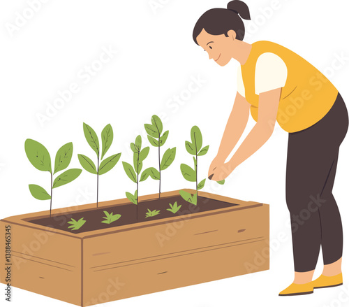 A pregnant woman is depicted tending to a small garden in a minimalist flat design modern art piece