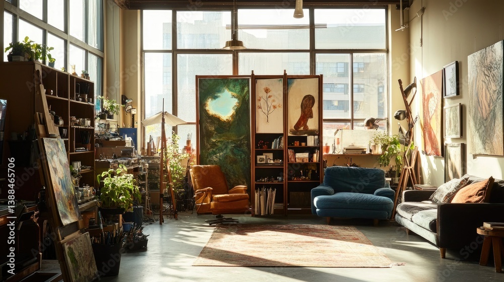 Fototapeta premium Sunlit Artist's Loft: A Creative Haven