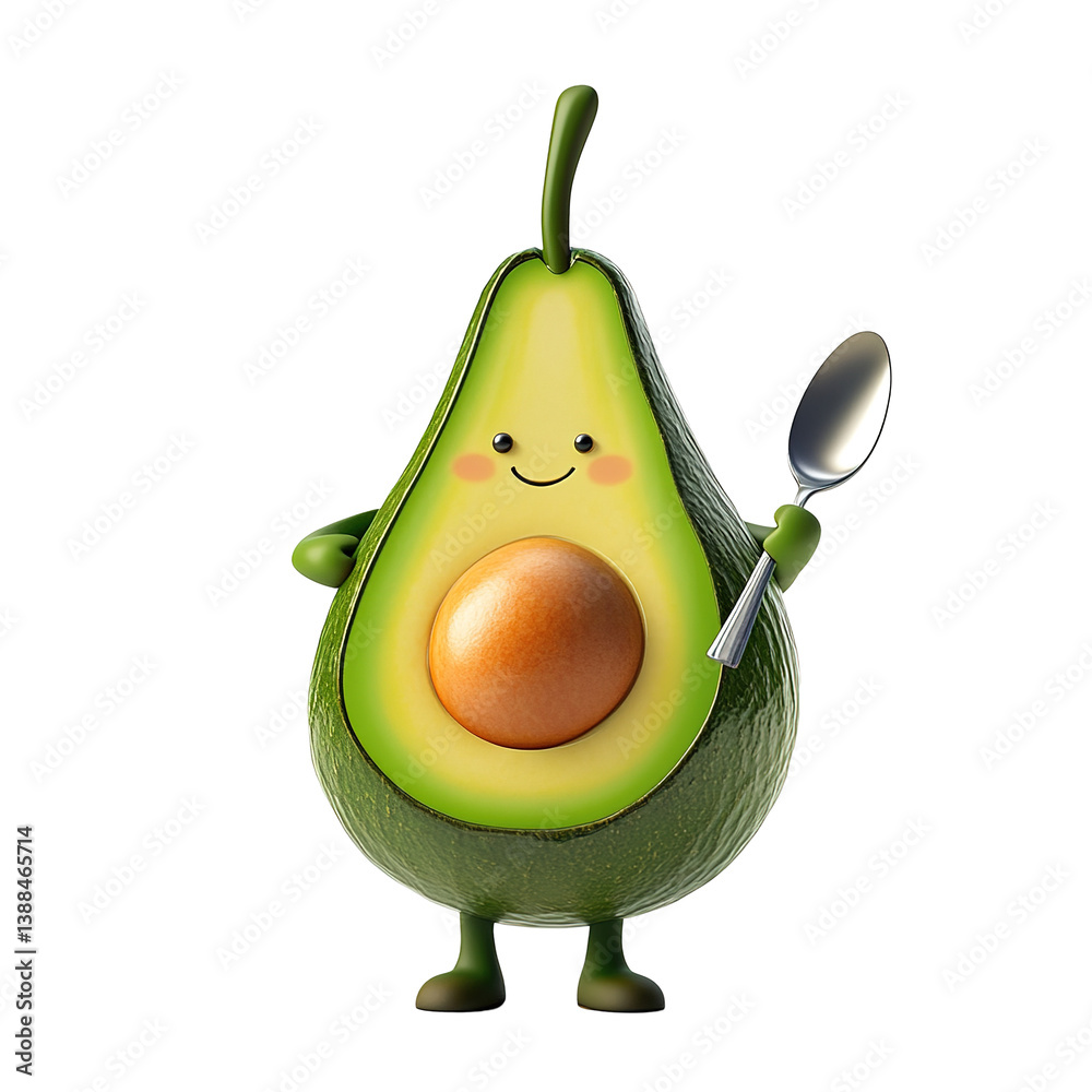 A cartoon avocado with a friendly face and a spoon is shown. This image promotes healthy eating.