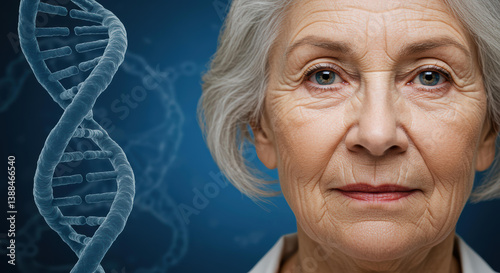 An elderly woman with gray hair looks directly at the viewer, displaying wisdom and experience. Behind her is a DNA strand, illustrating themes of genetics and health