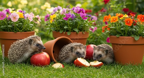 Three Adorable Hedgehogs Eating Apples in a Vibrant Flower Garden