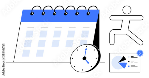 Spiral calendar, clock, pie chart with dollar sign, simplistic figure in motion representing fitness. Ideal for productivity, time tracking, budgeting, wellness, goal-setting organization planning