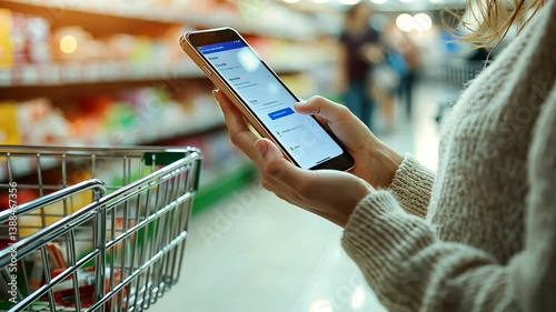 Woman Using Smartphone for Online Shopping While in Grocery Store Generative AI