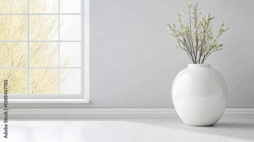 A white ceramic vase with delicate branches on a minimalist white surface, bright natural light from window, and modern interior design concept. A white ceramic vase with delicate branches on a minimalist white surface, bright natural light from window, and modern interior design concept.