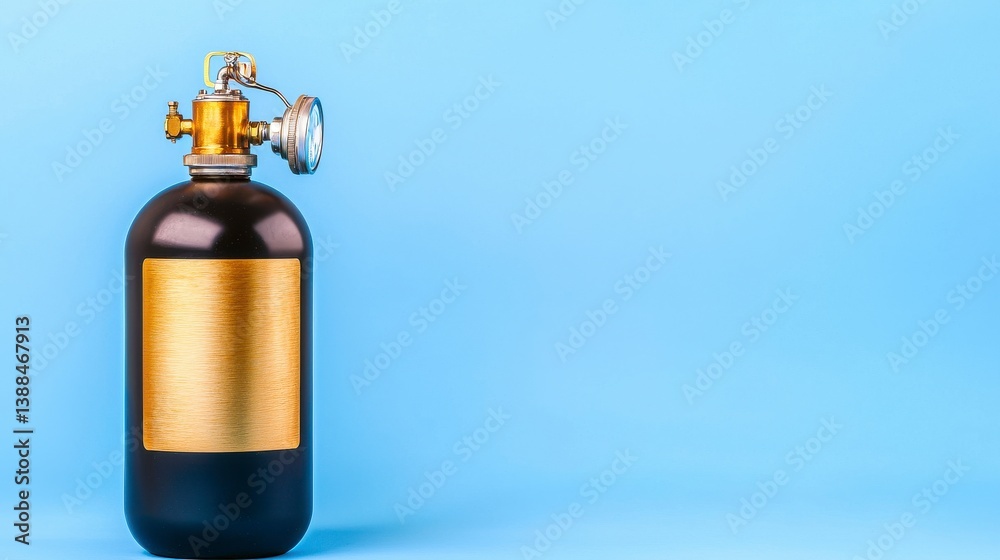 Obraz premium Black Metal Cylinder with Gold Label on Blue Background