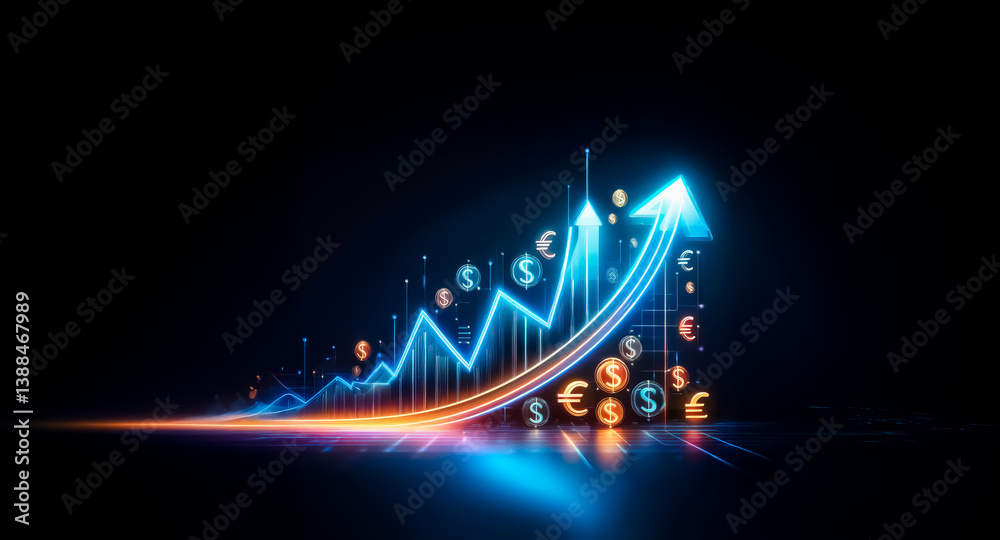 Bright blue line graph shows upward financial trend with currency ...