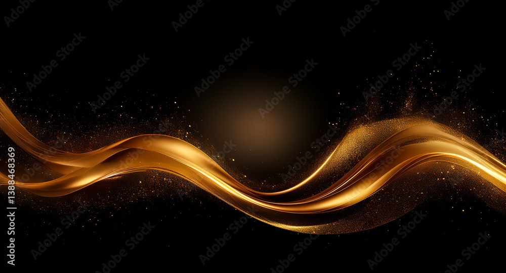 An abstract golden wave with a flowing, smooth design, shimmering and elegant on a dark backdrop. Light effect adds to the luxury style. An abstract golden wave with a flowing, smooth design, shimmering and elegant on a dark backdrop. Light effect adds to the luxury style.