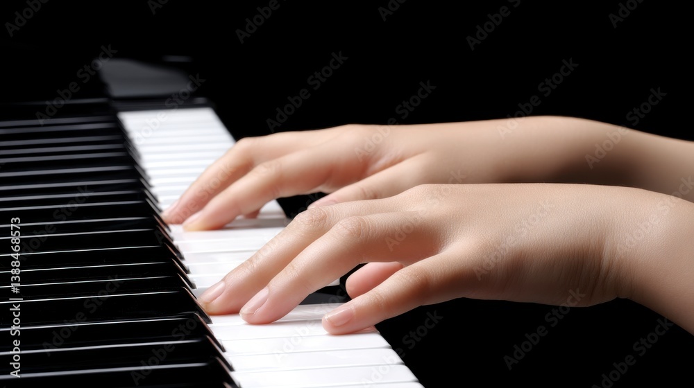 Obraz premium Close Up of Hands Playing Piano Keyboard Black Background