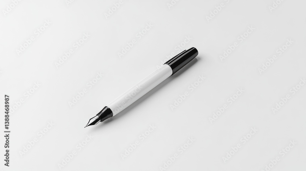 A white and black pen with a fountain nib rests on a plain white surface. The image is simple, clean, and features a high-resolution, well-lit pen. The style is minimalist, emphasizing the pens desi A white and black pen with a fountain nib rests on a plain white surface. The image is simple, clean, and features a high-resolution, well-lit pen. The style is minimalist, emphasizing the pens desi
