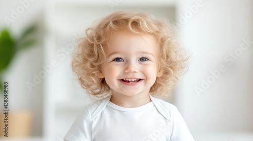 A toddler with curly blond hair smiles brightly in a close-up shot. The child wears a simple white shirt. The background is softly blurred, creating a shallow depth of field. The image is well-lit a