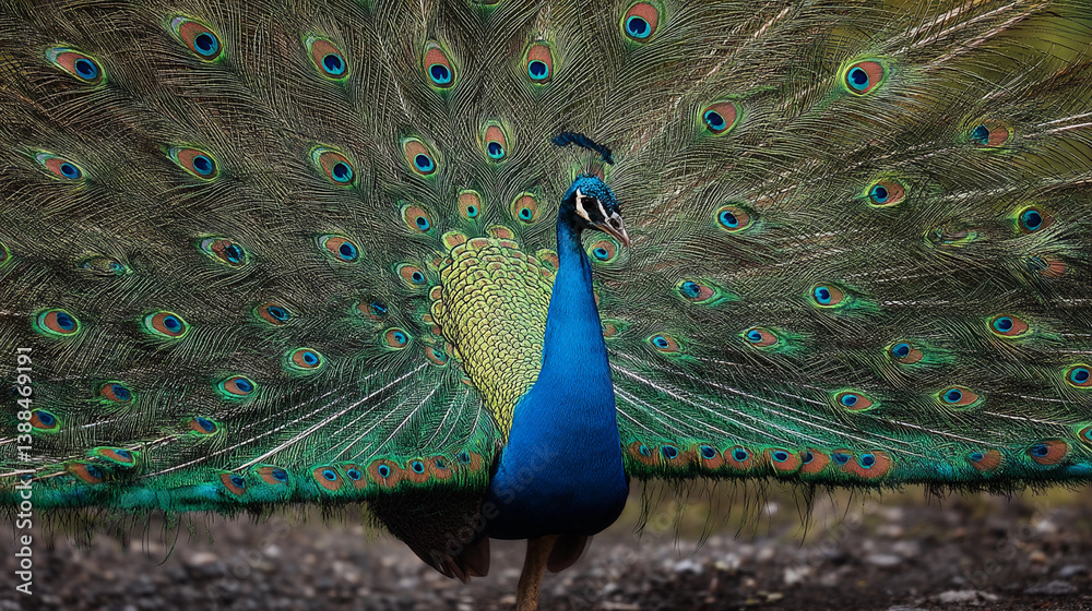 Obraz premium Experience the breathtaking beauty of a magnificent peacock displaying its vibrant plumage in an awe-inspiring artistic scene.