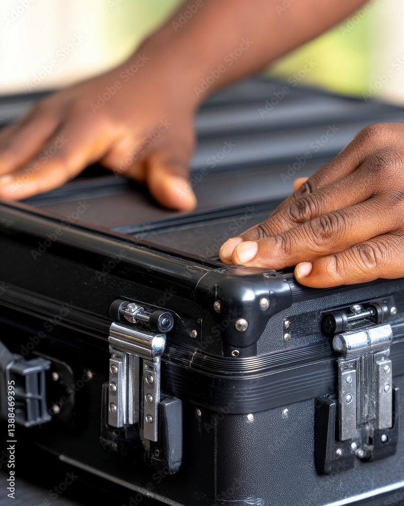 Dark Skinned Hands Carefully Handling Black Hard Case with Metallic Latches Dark Skinned Hands Carefully Handling Black Hard Case with Metallic Latches