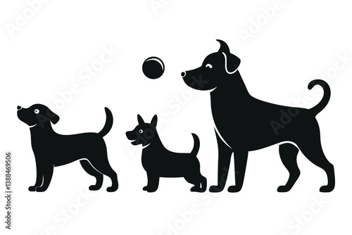 A variant style set of dog silhouette vector. Flat black color dog playing illustration design, dogs symbol isolated on a white background.