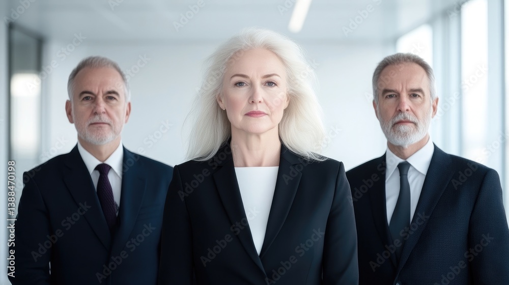 A high-resolution photo shows three business professionals. A woman with long gray hair is centrally positioned, flanked by two men in suits. The image has neutral lighting and a professional style. A high-resolution photo shows three business professionals. A woman with long gray hair is centrally positioned, flanked by two men in suits. The image has neutral lighting and a professional style.