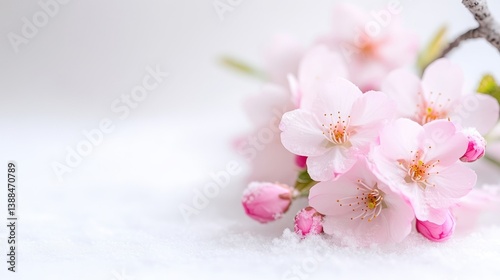 Delicate pink cherry blossoms rest on a soft white surface. The blossoms are clustered together on a branch. The image is high-resolution with soft lighting, creating a serene mood. The style is mi