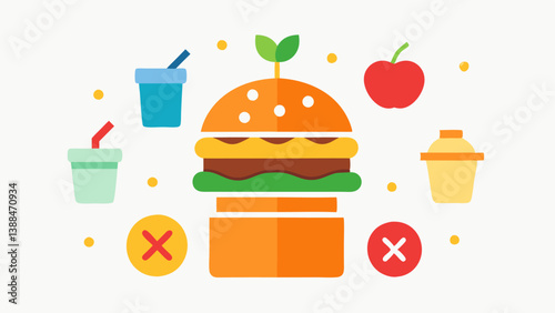 Fast Food Overload A large burger fries and a sugary soda stacked high surrounded by smaller icons of fruits and vegetables crossed out symbolizing the dominance of unhealthy food
