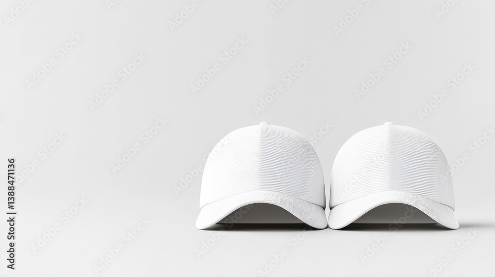 Obraz premium Two blank white baseball caps sit side-by-side against a plain white background. The image is clean and simple, high resolution, with even lighting. The style is minimalist and modern. The overall mo