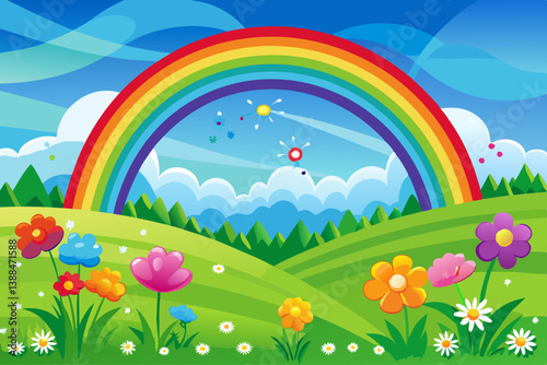 vector of Rainbow over green field with flowers and blue sky.
