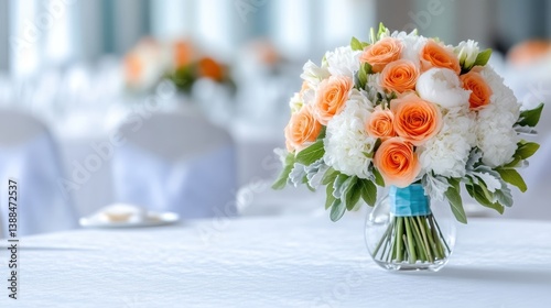 A wedding bouquet of peach roses and white hydrangeas sits in a clear vase. Its on a table, with blurred banquet seating in the background. The image is high-quality, with soft natural lighting. The