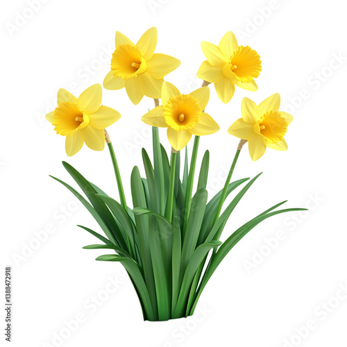 A 3D Daffodil Plant with Bright Yellow Flowers Isolated on Transparent Background