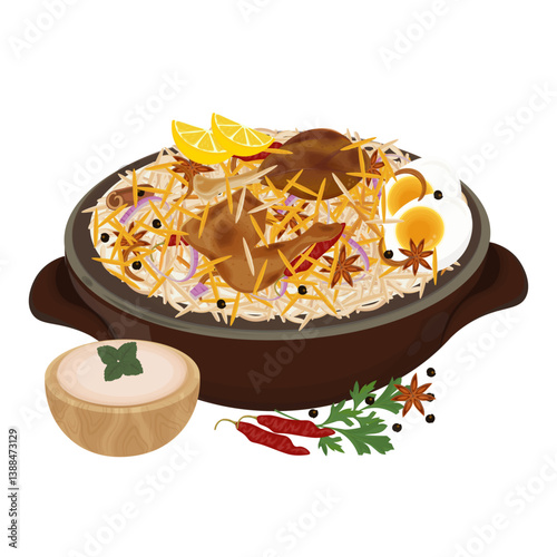 Vector Illustration logo Clipart Delicious Indian Food Chicken Biryani or Indian Rice Biryani