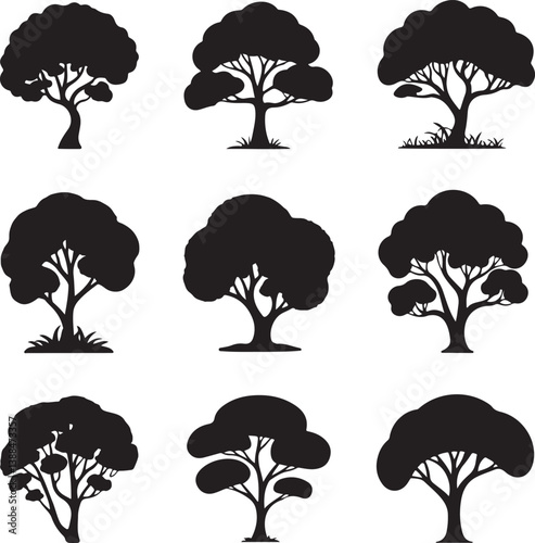 A collection of different tree silhouettes
in black on a white background