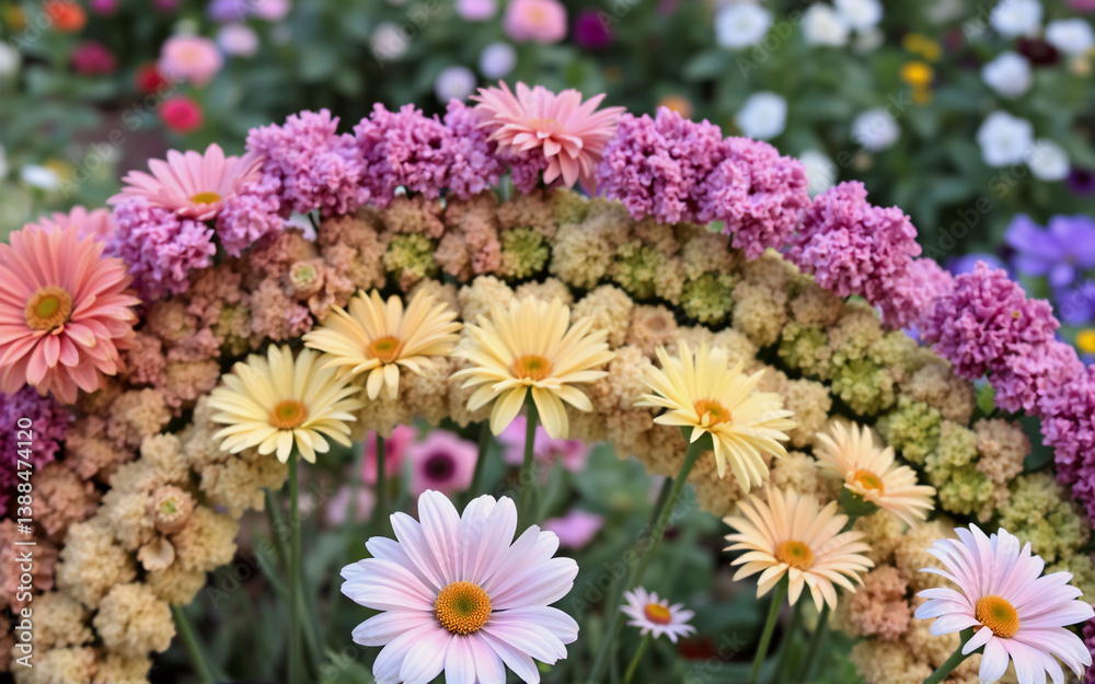 Fototapeta premium Vibrant rainbow of gerbera daisies and small round flowers in garden. Floral arc with pink, orange, yellow, green, purple hues.