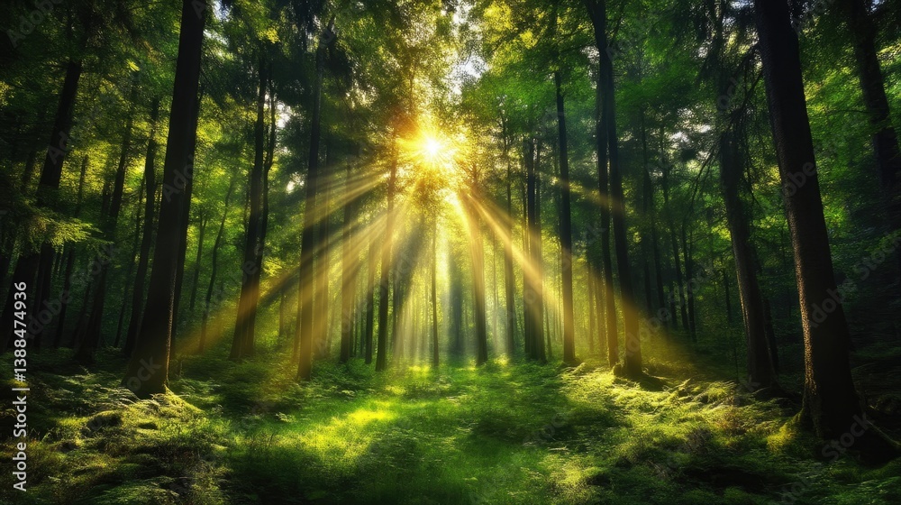 Obraz premium Sunlight streams through a dense forest canopy, illuminating the forest floor with golden rays. Lush greenery and tall trees create a mystical atmosphere