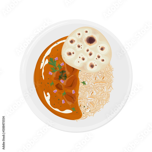Vector Illustration Logo Clipart Indian Butter Chicken or Rice Murgh Makhani with Naan Bread 