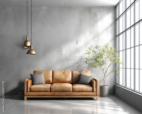 A minimalist modern living room with light ash gray walls, floor-to-ceiling windows, and simple wooden furniture