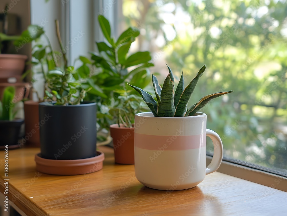 Snake Plant in Pink Mug on Window Sill Indoor Plant Photography Snake Plant in Pink Mug on Window Sill Indoor Plant Photography