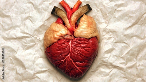 Close-up of Fresh Goat Heart on Crumpled Paper with Rich Red Texture and Detail