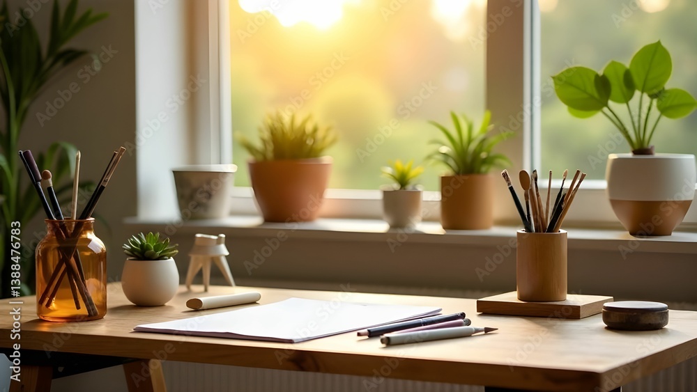 Creative workspace with plants and art supplies in a sunlit room during golden hour Creative workspace with plants and art supplies in a sunlit room during golden hour