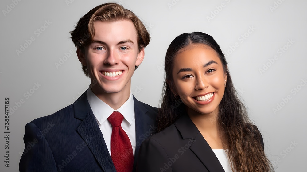 Two young professionals in business attire, conveying confidence and teamwork in a corporate setting Two young professionals in business attire, conveying confidence and teamwork in a corporate setting
