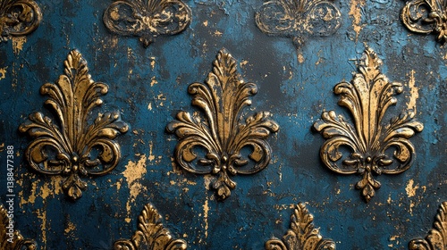 Ornate golden floral decorations embossed on a textured blue background