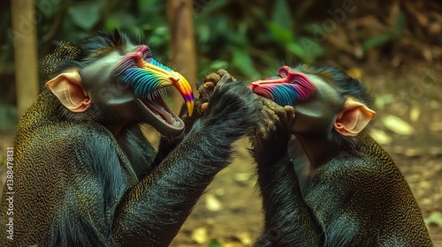 Mandrills grooming Gabonese rainforest rainbow colored snouts social primate bonds